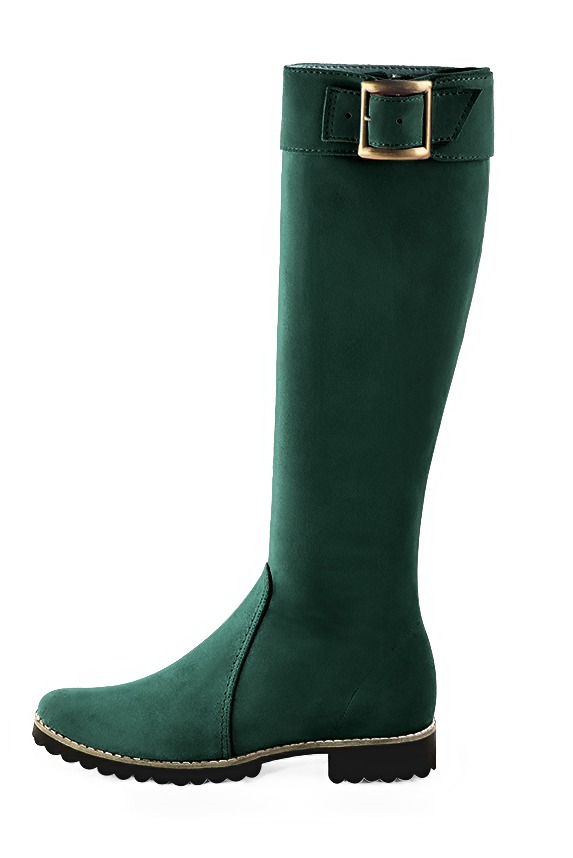 Forest green women's riding knee-high boots. Round toe. Flat rubber soles. Made to measure. Profile view - Florence KOOIJMAN